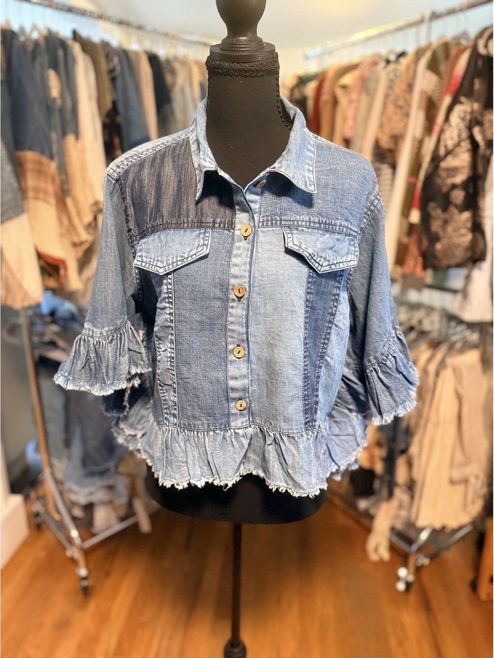 YOUNG THREADS Distressed Denim Crop Jacket Ruffled Hem Denim NWT XL